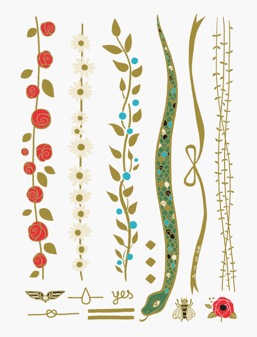 Board of red, green, blue and gold flowered temporary tattoos bracelets "le petit jardin" (the little garden)