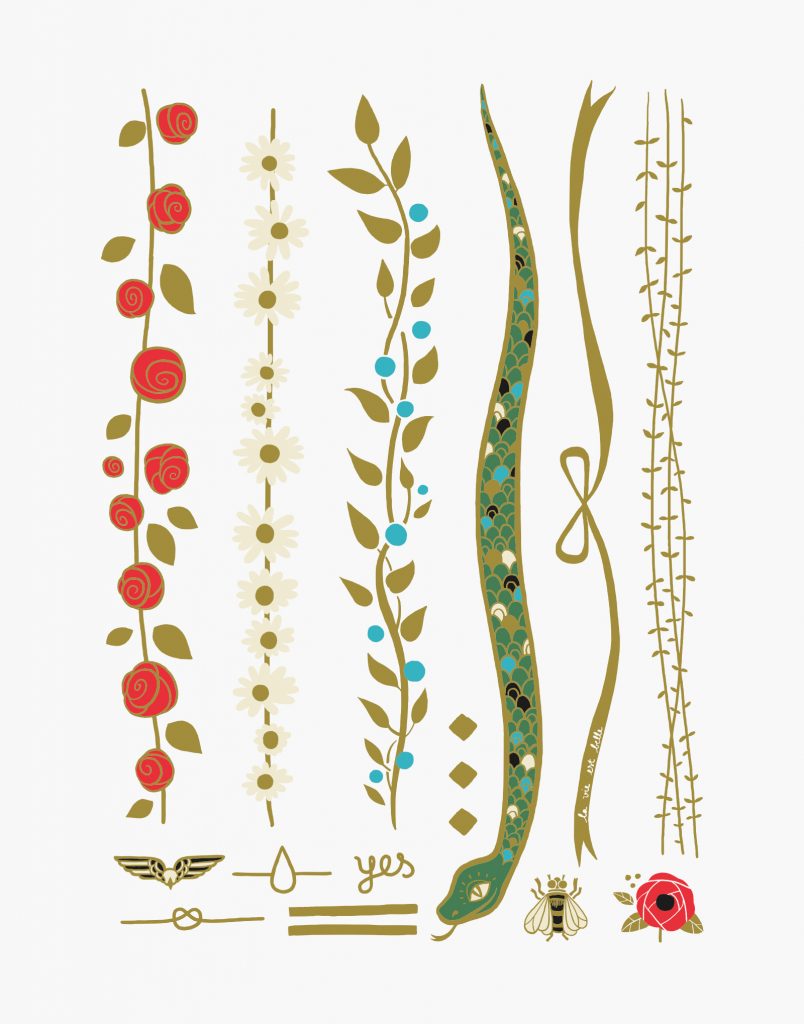 Planche de tatouages temporaires bracelets fleuris rouge, vert, bleu et doré "le petit jardin"