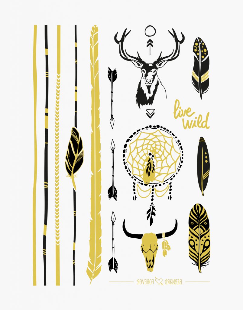 Planche de tatouages temporaires dorés et noirs "l'été indien" avec des flèches, des plumes et des têtes de cerfs