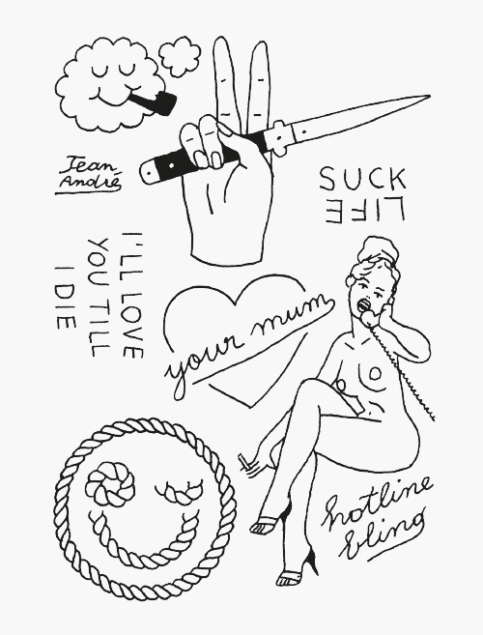 Planche de tatouages temporaires noirs "la violence et l'amour" avec des phrases, un coeur, une femme, une main tenant un couteau, un nuage et un smiley