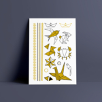 Board of black and gold temporary tattoos "l'origami" with origami animals