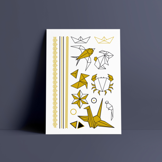 Board of black and gold temporary tattoos "l'origami" with origami animals