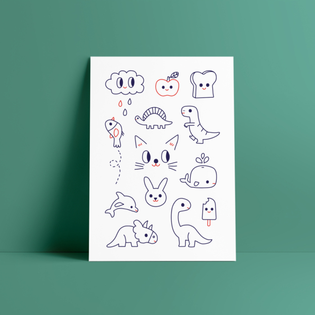 Blue and red "Rawrrrr!" temporary tattoo sheet with dinosaurs, whales, cats, birds, clouds, apples and bunnies