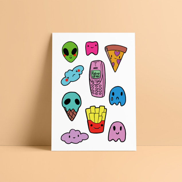 Board of pink, blue, green, red, yellow "pop nostalgia" temporary tattoos with pizza, Alien, phone, ghost, cloud, French fries, ice cream