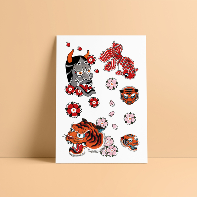 Board of pink, red and orange temporary tattoos with Japanese tiger, flower and koi carp designs "tigerwood".