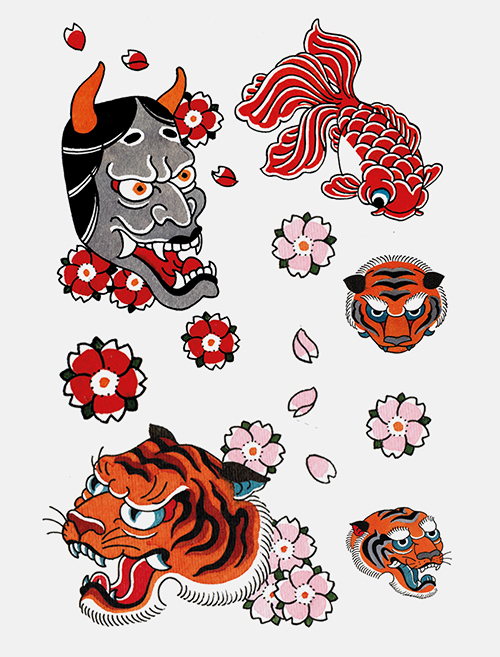 Planche de tatouages temporaires rose, rouge et orange aux motifs japonais tigre, fleurs et carpe koi 