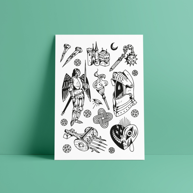 Black temporary tattoo sheet "miles antiquae deorum" with knights, castle and medieval tools