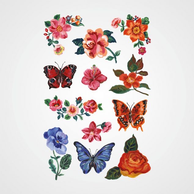 Planche de tatouages temporaires rose, rouge, bleu et vert "à fleur de peau" avec des fleurs et des papillons