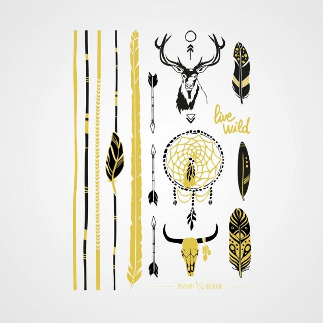 Planche de tatouages temporaires dorés et noirs "l'été indien" avec des flèches, des plumes et des têtes de cerfs