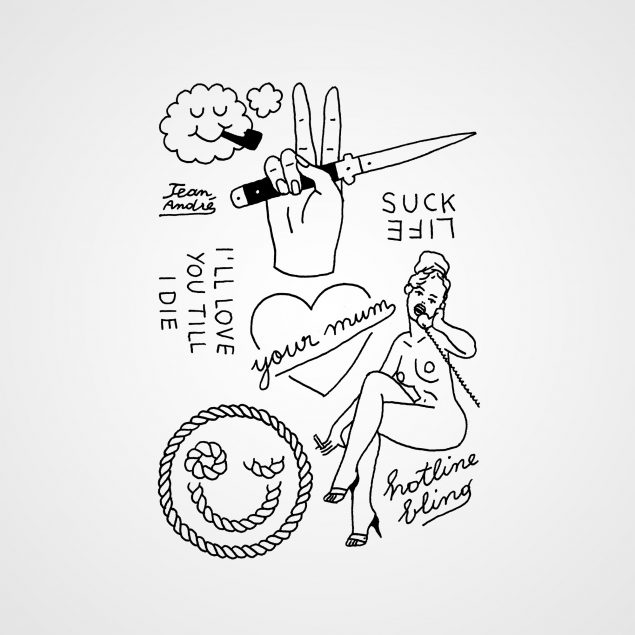 Planche de tatouages temporaires noirs "la violence et l'amour" avec des phrases, un coeur, une femme, une main tenant un couteau, un nuage et un smiley