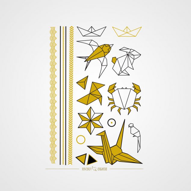 Planche de tatouages temporaires noirs et dorés "l'origami" avec des origamis d'animaux