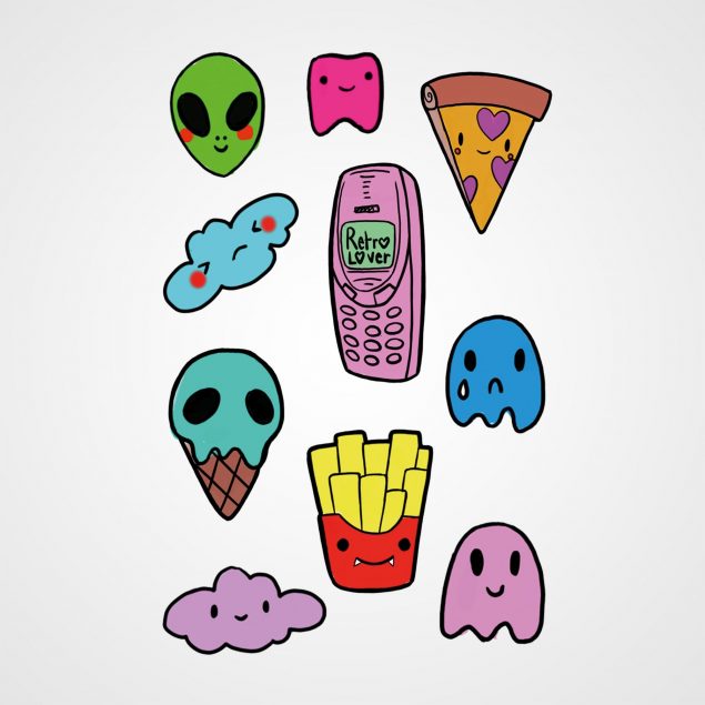 Planche de tatouages temporaires rose, bleu, vert, rouge, jaune "pop nostalgie" avec pizza, Alien, téléphone, fantôme, nuage, frites, glace