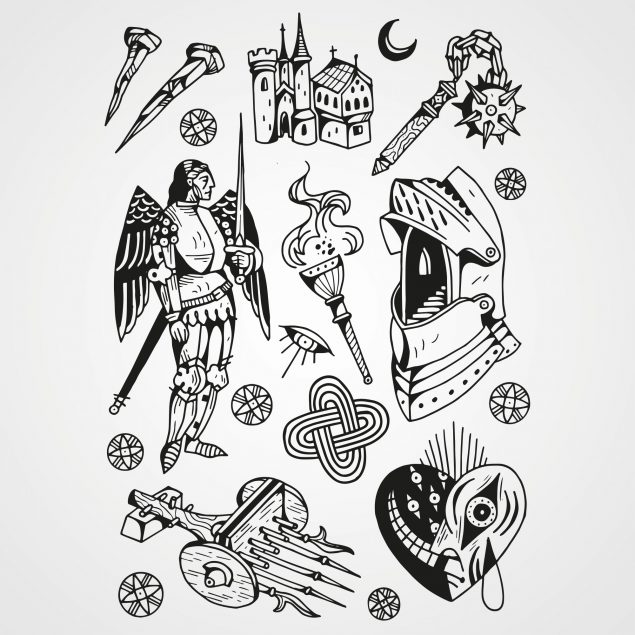 Planche de tatouages temporaires noirs "miles antiquae deorum" avec des chevaliers, château fort et outils du Moyen Âge