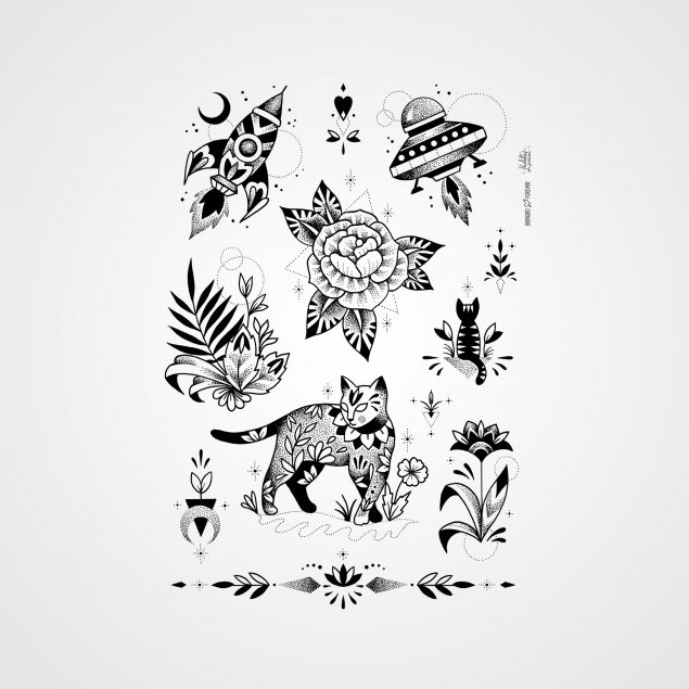 Planche de tatouages temporaires noirs "cosmic cat" avec chats, plantes, fusée et navette spatiale