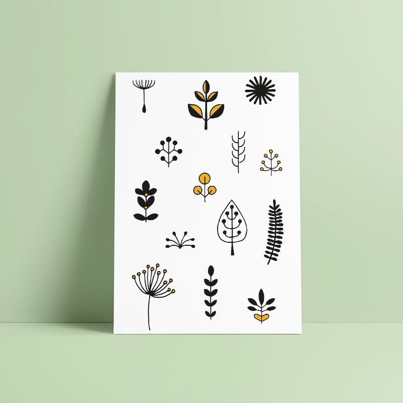 Board of "fall" temporary tattoos with black and yellow flowers