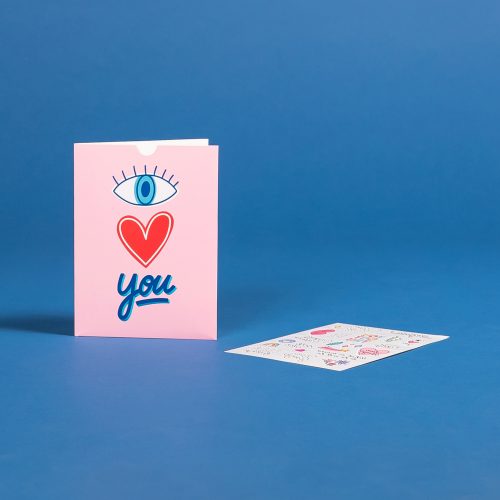 Pink "eye love you" tattoo card in collaboration with Studio Jonesie