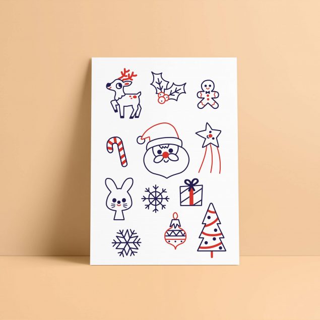 Planche de tatouages temporaires bleus et rouges de la carte tattoo "Joyeux Noël" en collaboration avec Marion Billet