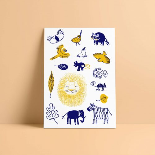 tatouage éphémères pour enfants jaunes et bleus avec de petits animaux : zèbre, lion, éléphant, caméléon, oiseaux, koala, raton laveur