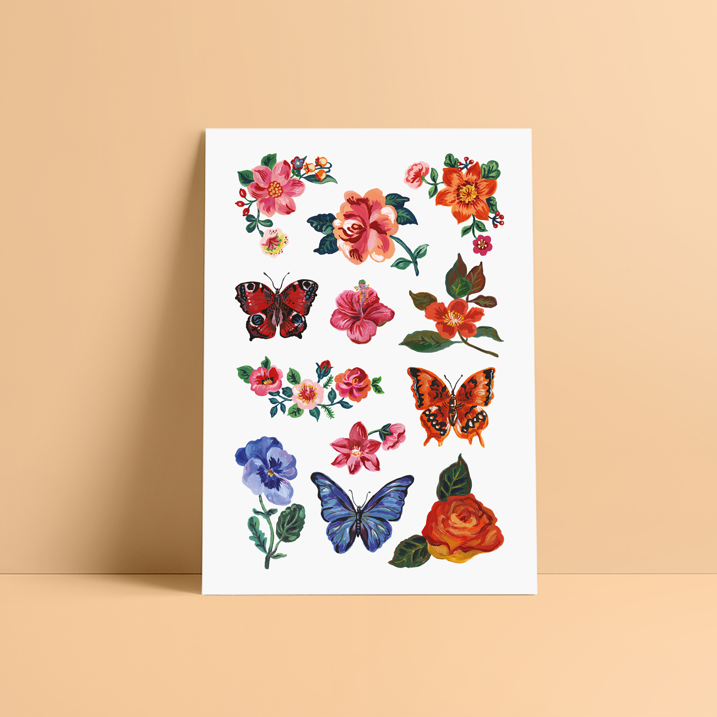 Board of pink, red, blue and green temporary tattoos "à fleur de peau" with flowers and butterflies