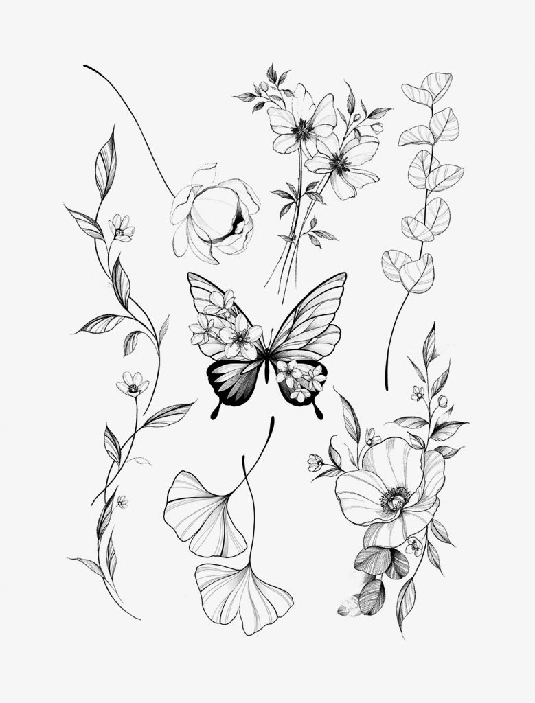 planche de 7 tatouages éphémères floraux noirs : 6 fleurs et 1 papillon