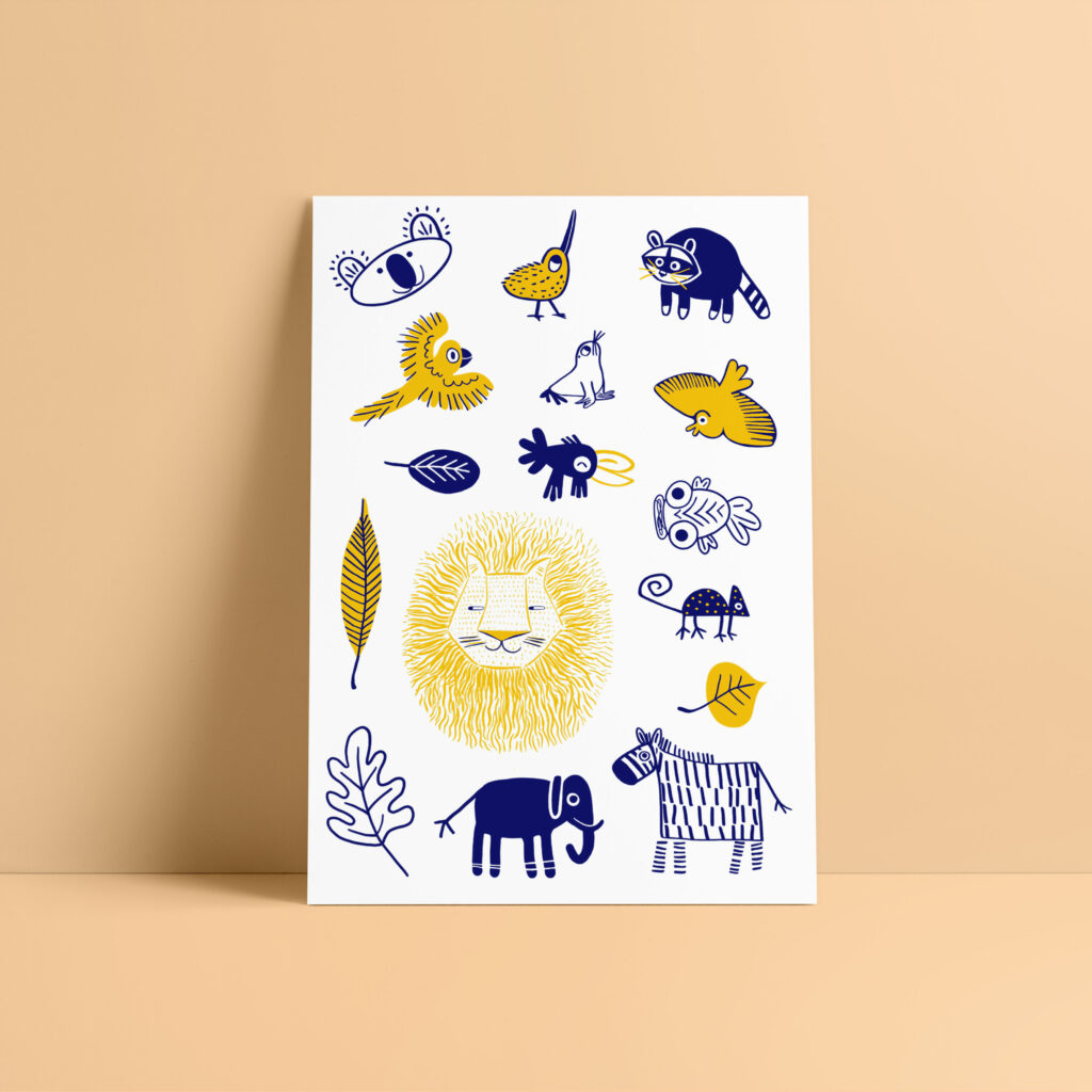 tatouages temporaires pour enfants avec de petits animaux jaunes et bleus : koalas, oiseaux, raton laveur, éléphant, poisson, caméléon, lion, zèbre