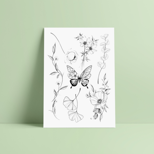 sheet of 7 black floral ephemera tattoos: 6 flowers and 1 butterfly