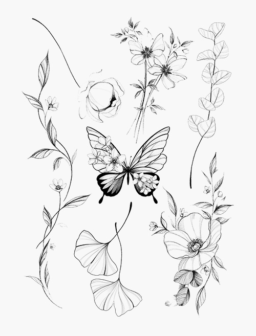 planche de 7 tatouages éphémères floraux noirs : 6 fleurs et 1 papillon