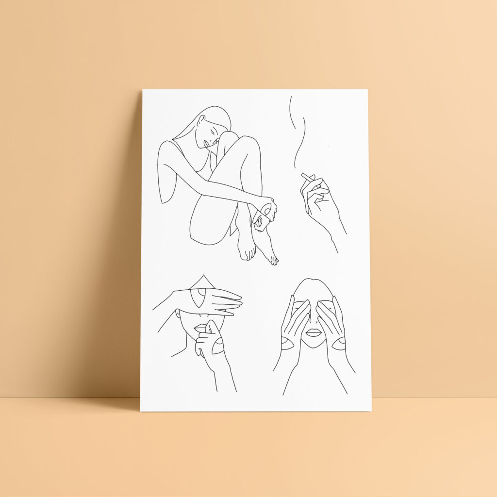 tatouages temporaires en line art noir représentant des femmes et une main tenant une cigarette qui fume 