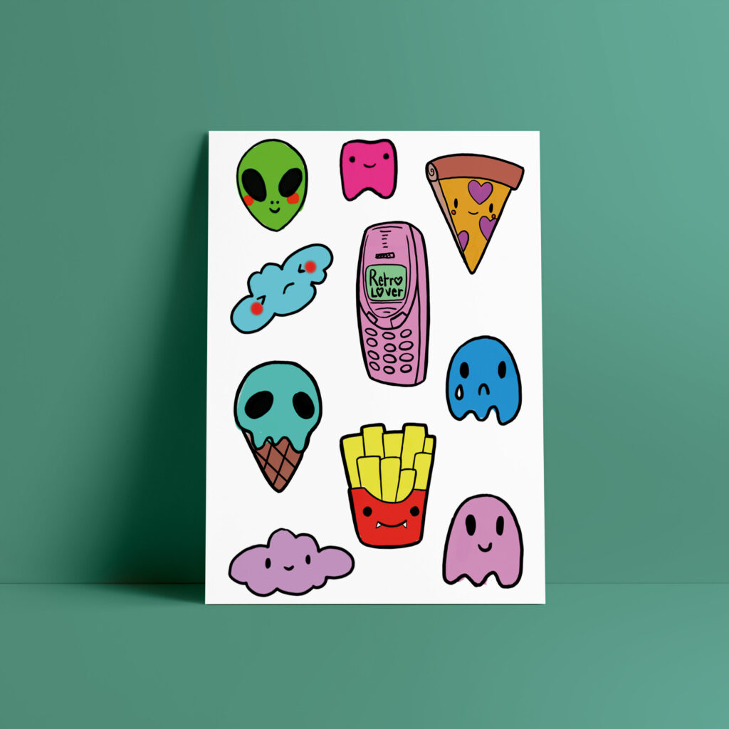 tatouages éphémères pop avec couleurs vives comprenant un alien, de la pizza, une glace, un nuage, un cornet de frite et des fantômes 