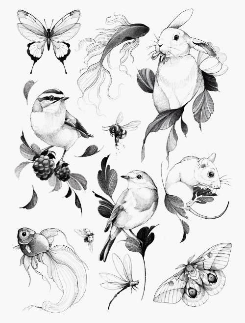 Planche de tatouages ephemeres imaginés par Samantha Dottori représentant de petits animaux comme le lapin, le poisson, la souris, l'oiseau