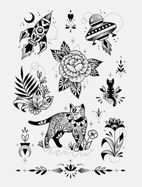Planche de tatouages temporaires noirs "cosmic cat" avec chats, plantes, fusée et navette spatiale