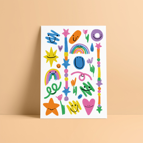 mockup of the Forever Young colored temporary tattoo sheet by Kiki Pocket on an orange background