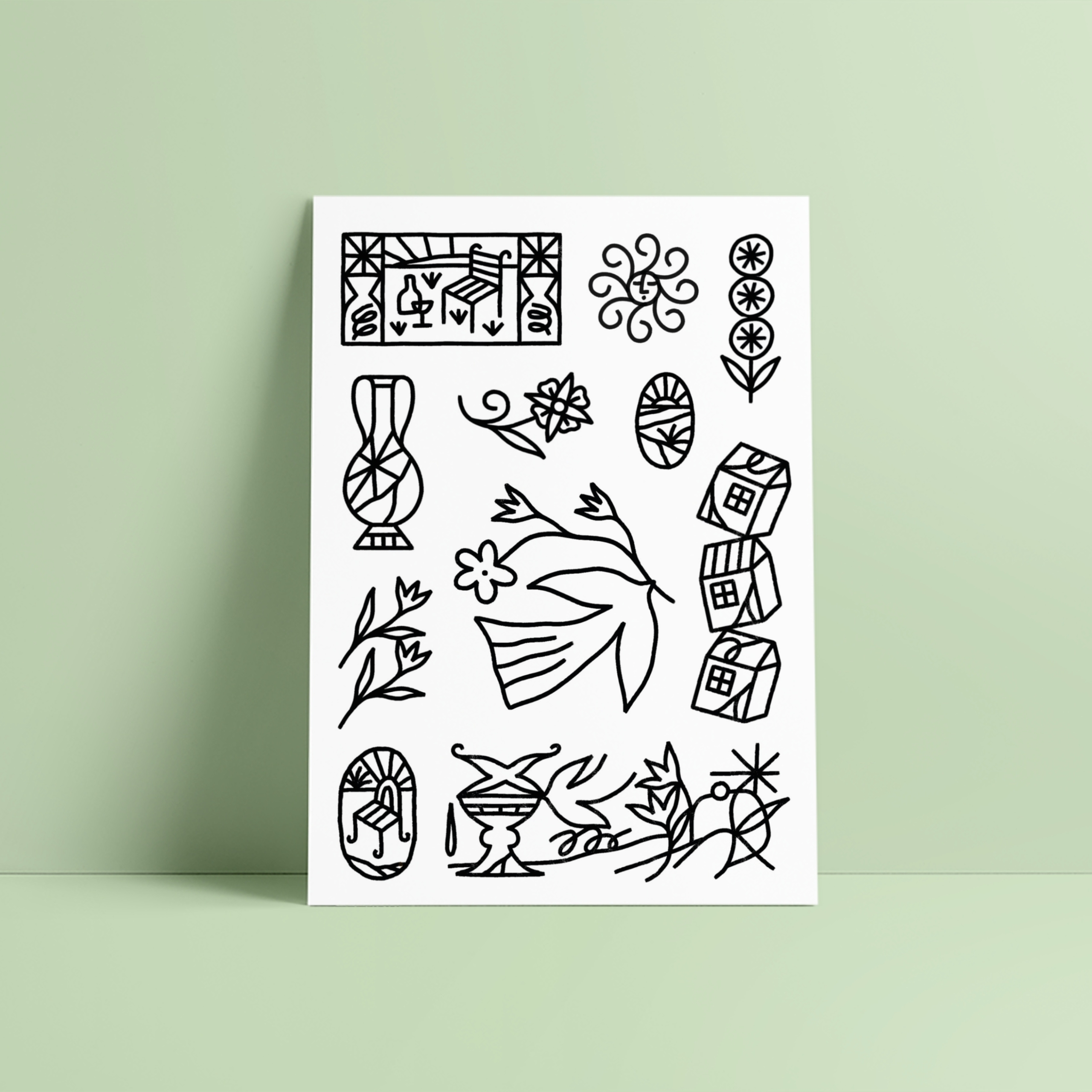 Planche de tatouages éphémères Jardin d’été par Le Point Carré sur fond vert