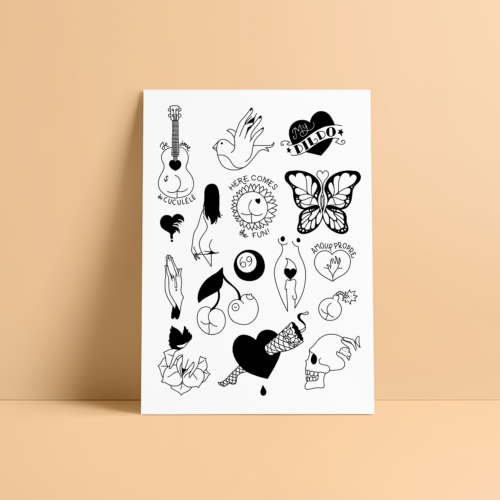 Planche de tatouages éphémères Peau à peau par Petites Luxures sur fond pêche